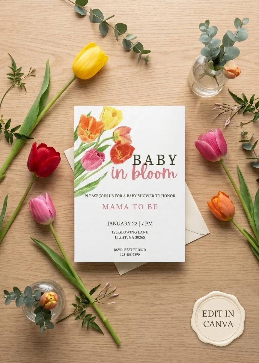Baby in Bloom baby shower invitation preview — tulip watercolor illustration